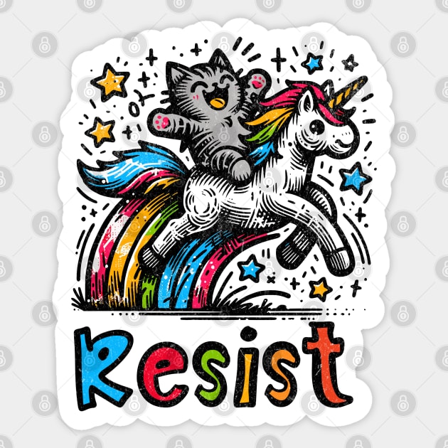 Resist Cat Riding Unicorn Rainbow Protest Art Sticker by Yesteeyear